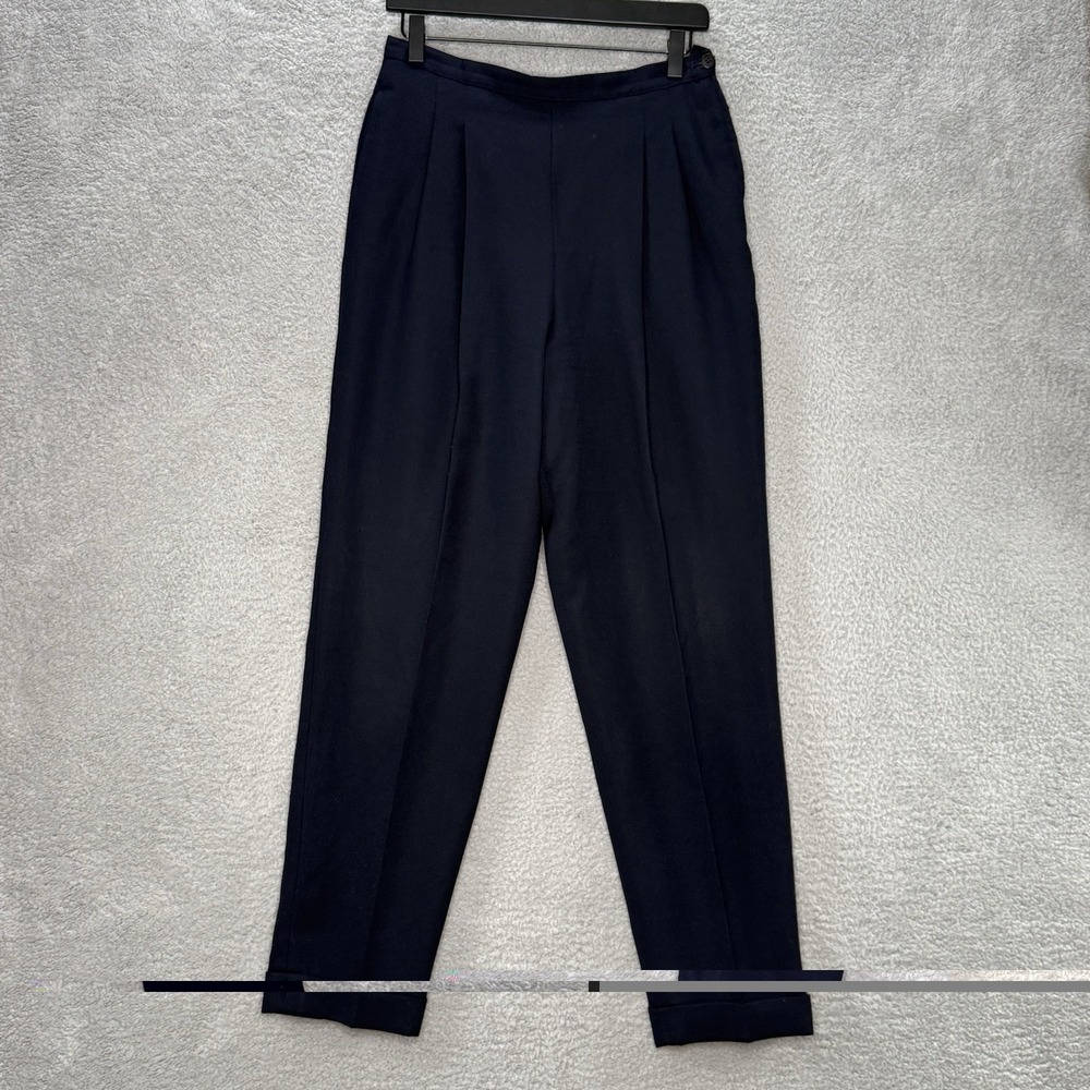Vtg Rena Rowan for Saville Black Wool Trousers Tapered Cuffed Pleated Pants 10